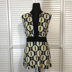 Cato Black Retro 60s Mod Geometric Pattern Empire Waist Tunic Blouse Women M